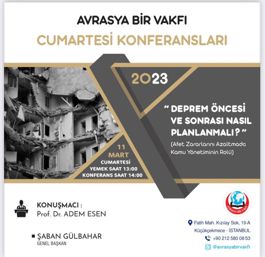 AVRASYA BİR VAKFI’NDA BU CUMARTESİ (11 MART 2023)