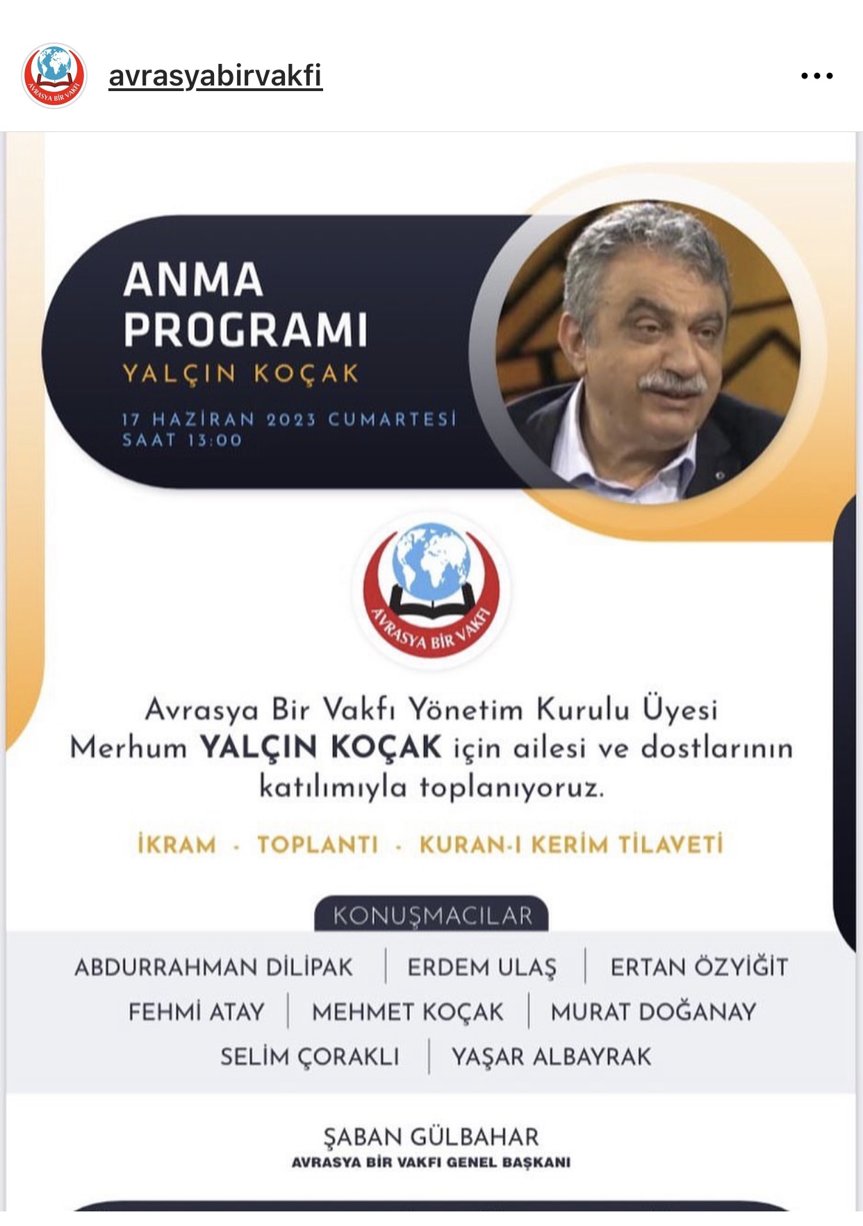 AVRASYA BİR VAKFI CUMARTESİ KONFERANSI KAPSAMINDA BU HAFTA